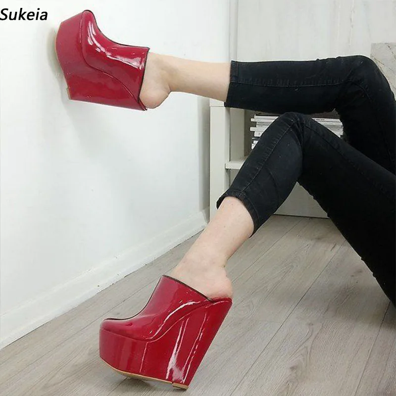 

Sukeia Real Photos Women Platform Slingback Pumps Wedges Heels Round Toe Beautiful Wine Red Party Shoes US Plus Size 5-20