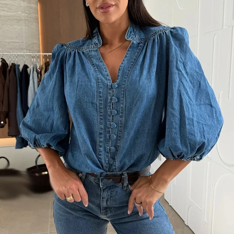 2025 カジュアルストリートウェア 無地シャツTシャツ レトロVネック パフスリーブ デニムTシャツ 夏新作 ボタンデザイン ルーズオフィス トップス