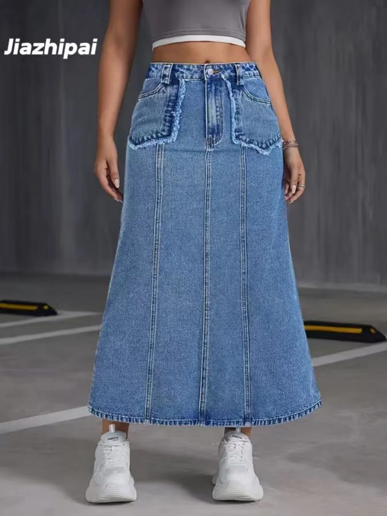 Women's Mid-Length Skirt New Style Stretch Denim Fabric with Pockets Joint Bones Feature