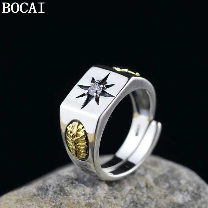 BOCAI New S925 Sterling Silver Jewelry With Retro Personality Inlaid With Zircon Cross Ring Men's Selected Gift