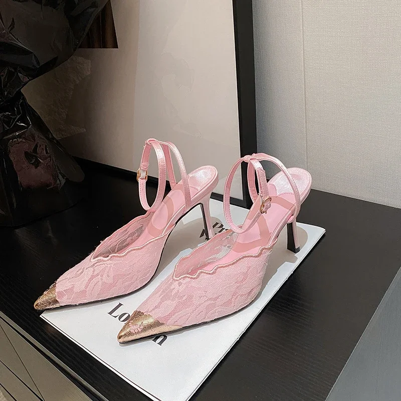 Französische sexy Spitzen-Mesh-High-Heels mit spitzer Zehenpartie, Knöchelriemen-Stilettos, atmungsaktive Damenschuhe für Party, Club, Hochzeit, Übergrößen – Detail 7