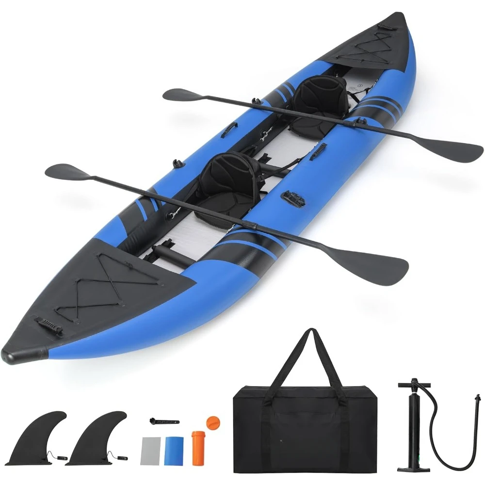 Inflatable Kayak, 2 Aluminium Oars, EVA Padded Seat, 2 Fins, Hand Pump, Carry Bag, Repair Kit, Portable Touring Kayaks