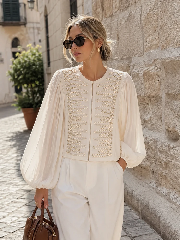 HH Vintage Court Style Cropped Jacket Women Spring Autumn Ivory Braided Balloon Long Sleeve Open Front Chic Fashion Outerwear