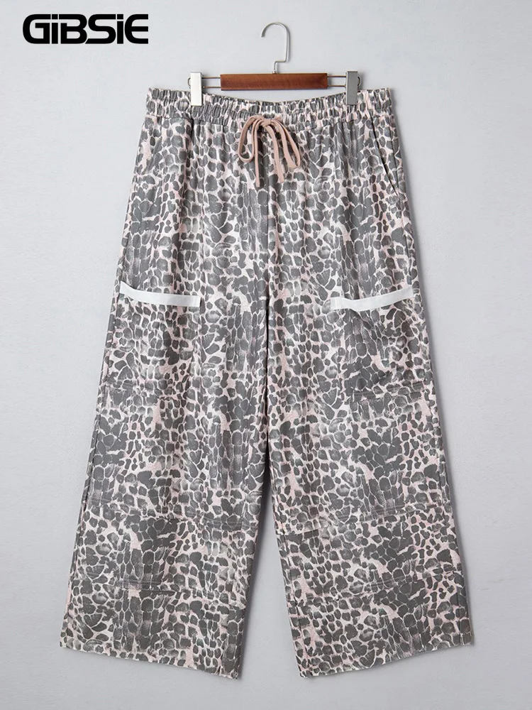 GIBSIE Plus Size Multi-pocket Casual Wide Leg Pants Women 2025 Winter New High Waist Leopard Print Drawstring Straight Trousers