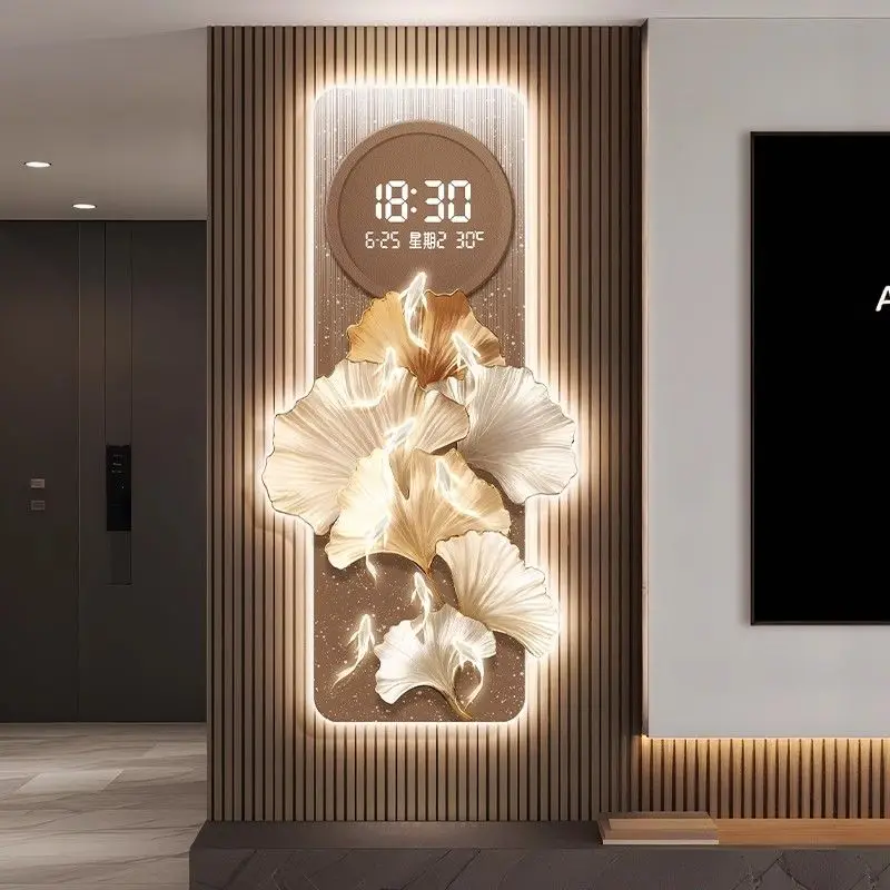 Modern Entrance Ginkgo Leaf Digital Wall Clock Mute Restaurant Clock Corridor Wall Decor Decoration Mural LED 3D Light Painting