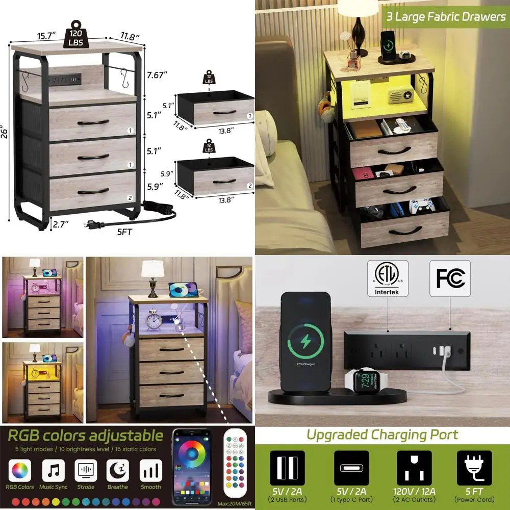 

3-Drawer Fabric Nightstand with Charging & LED, Storage Bedside Table for Living/Bedroom (Beige)