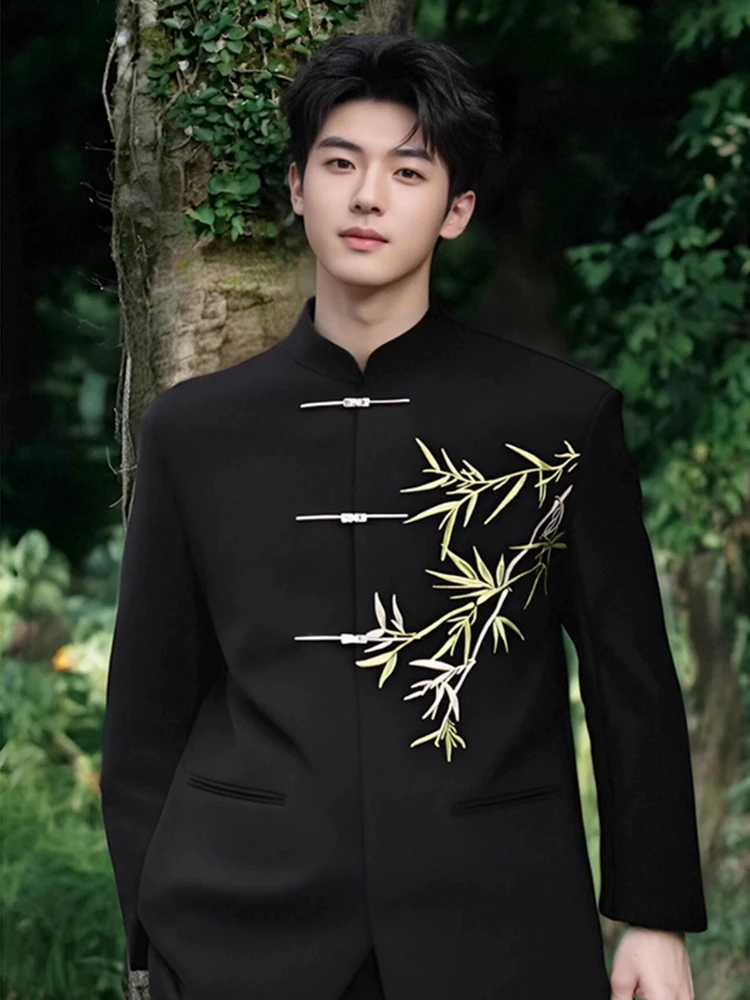 

Men's Tailored Suit Jaet Autumn Season High-End Feeling Engagement Wear Embroidered Bamboo Stand Collar Western Sle Coat