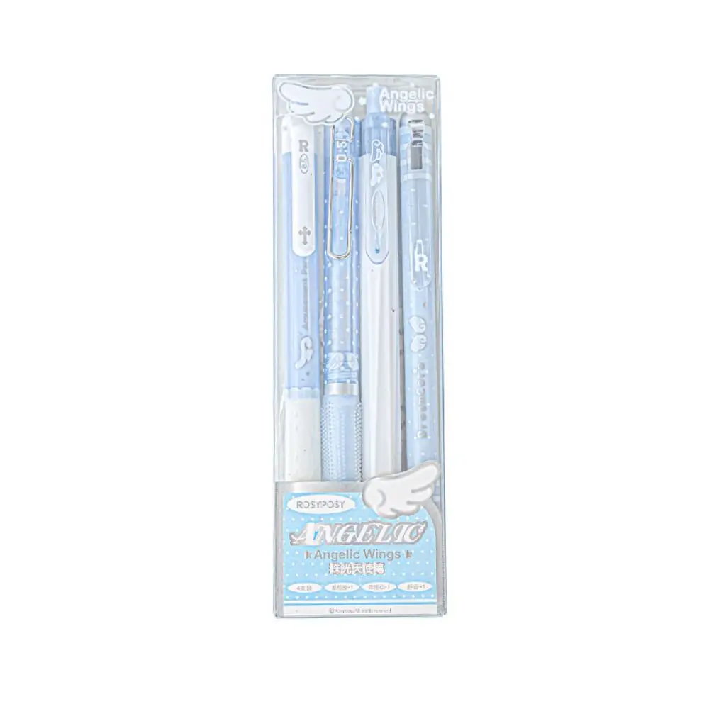 4Pcs/Set 0.5mm Pearl Angel Gel Pen Set Soft Comfort Grip Wing Design Black Ink Exam Pens Gel Ink Smooth Writing