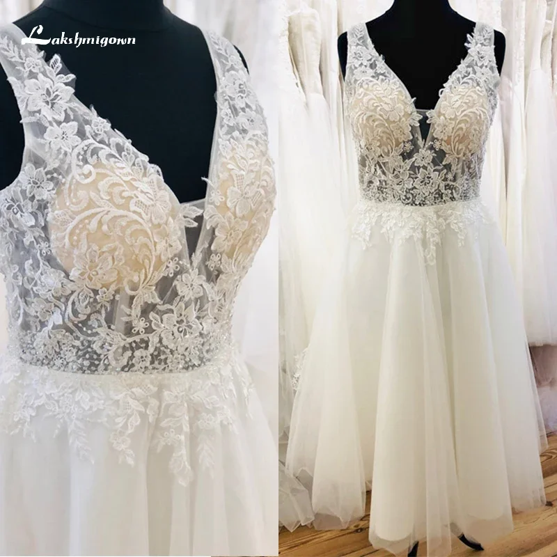 

Boho Sexy V-neck Lace Appliques Knee-Length A-Line Wedding Dress Netting Bridal Gowns Off the Shoulder Sleeveless robe de mariée