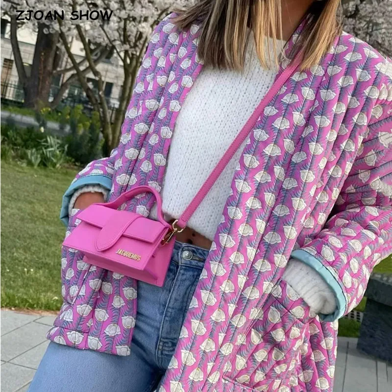 

2023 Autumn Winter Pinkpurple Shell Print V Collar Quilted Coat Ethnic Women Long Sleeve Oversized Jackets Loose Outwear