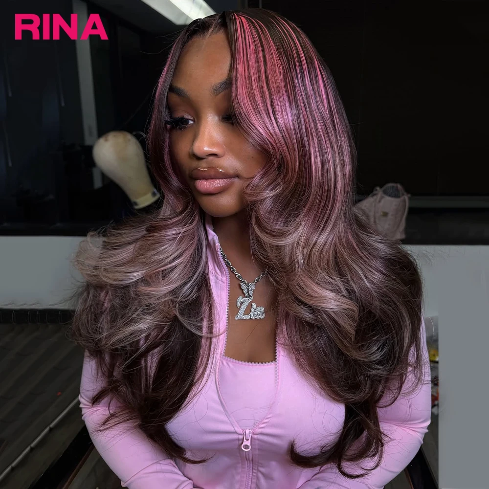 13x6 Highlight Pink Purple Human Hair Wig for Women 180% Density Body Wave 13x4 Lace Frontal Drawstring Glueless Lace Front Wigs