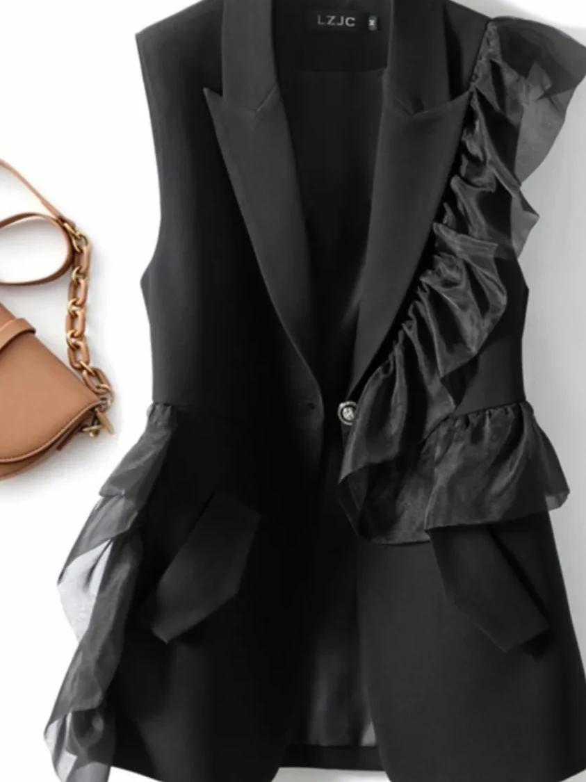 

Ele Sle Women's Mid-Length Suit Vest Luxury Faion Trendy Streetwear Polyester Casual Windbreaker