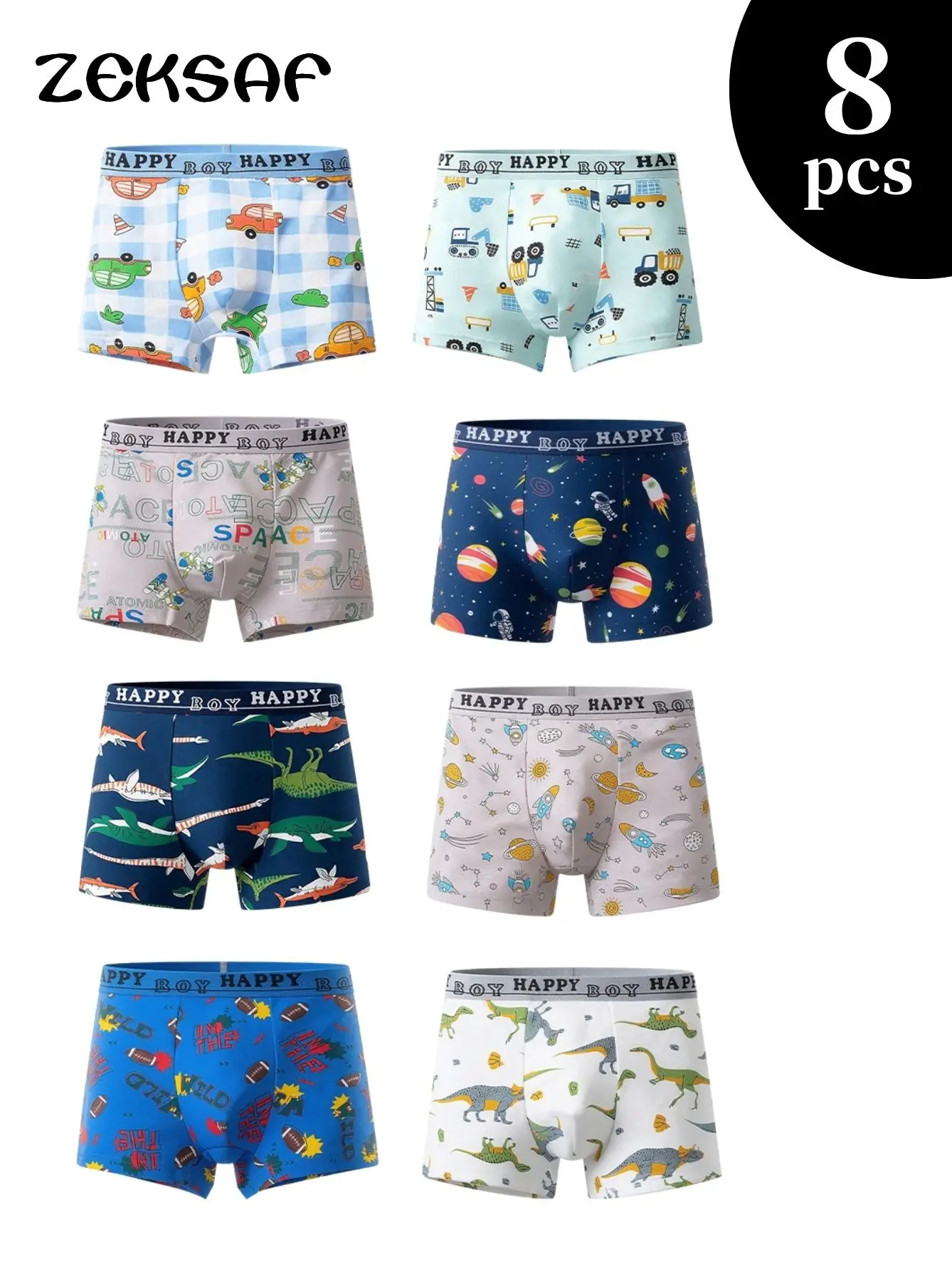 ZEKSAF Boys Fashion Boxer Underwear 8 Pack, High Elastic Ultra Soft, Breathable Boys Underpants