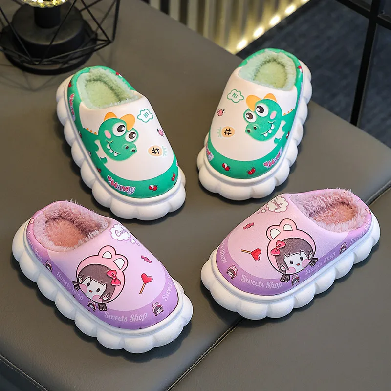 New Winter Waterproof Cute Cartoon Warm Indoor Mule Soft Non-slip Fluffy Slippers For Kids Boys Girls Children Home Cotton Shoes