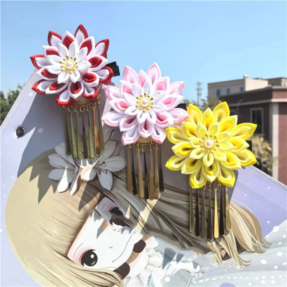 

Japanese Kimono Handmade Fabric Flower Hair Accessories Clip Tassel Headwear Headdress Barrette Yukata Festvial Deco