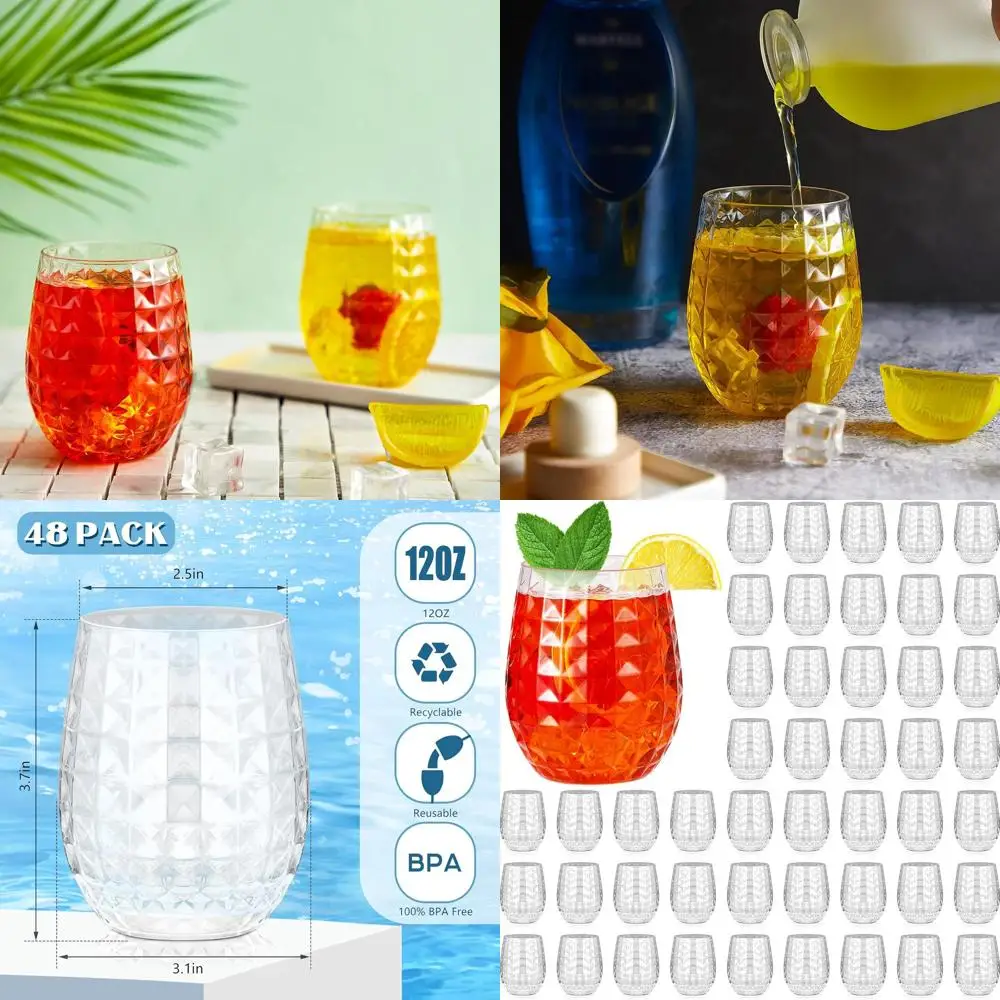 

12 oz Clear Plastic Stemless Wine Glasses, Set of 48, Reusable for Outdoor Parties, Weddings, and Birthdays