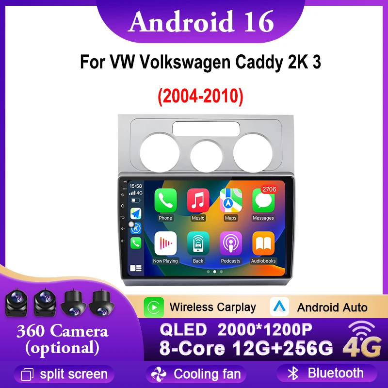Android 16 Carplay Auto Car Radio Multimedia Player For VW Volkswagen Caddy 2K 3 2004-2010 Autoradio Stereo Head Unit WIFI 4G BT