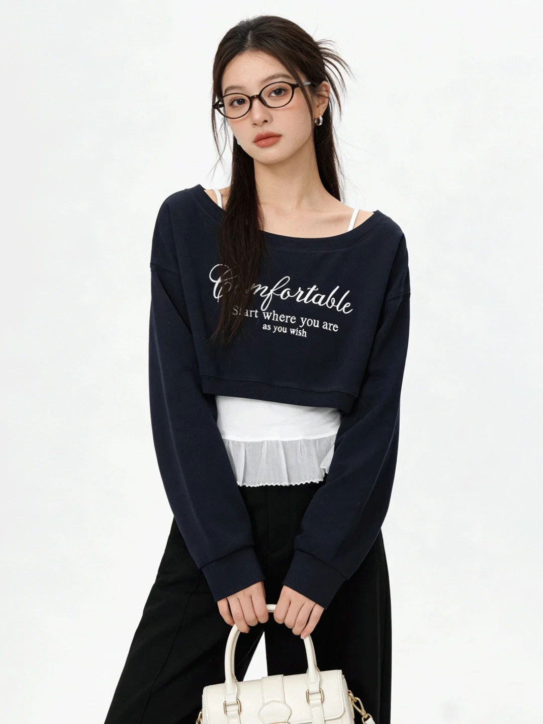 

Retro Korean Sle College Themed Layered Print Letter round Ne Sweatirt And Crop Top Set Early Spring Anti-Aging