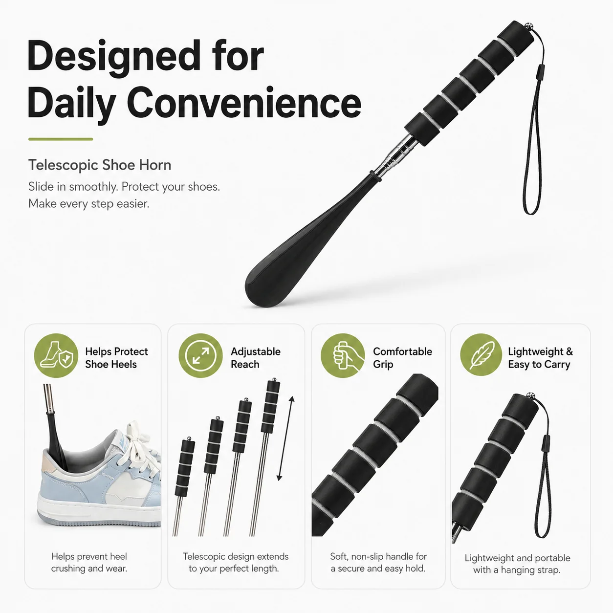 Portable Telescoping Shoe Horn Long Handle, Adjustable Shoe Helper with Stainless Steel Handle, Soft Grip and Hanging Strap for Travel Home Boots Sneakers