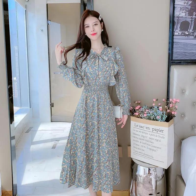 Fashion Printed Shirring Ruffles Lace Up Bow Midi Dress Women\'s Clothing 2024 Spring Summer Loose Butterfly Sleeve Floral Dress