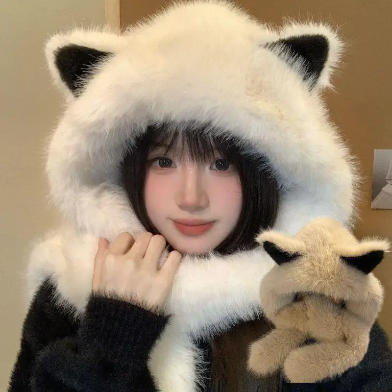 

Толстая и холодостойкая плюшевая шапка с лисьими ушками, женский зимний шарф, новый теплый шарф, шапка-балаклава, зимняя ветрозащитная шапка