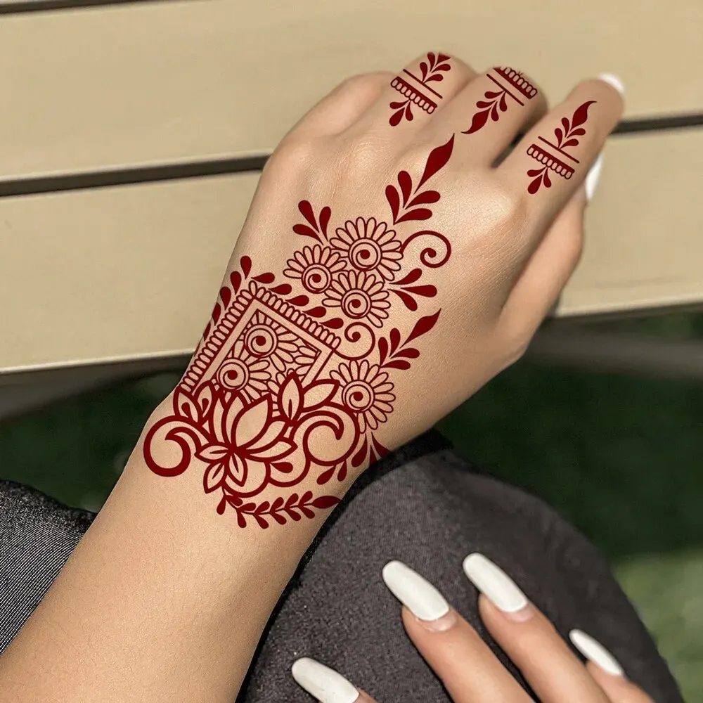 Waterproof Henna Tattoo Stickers for Women Flower Instant Fake Tattoo for Hand Temporary Tattoos for Wedding Party Festival