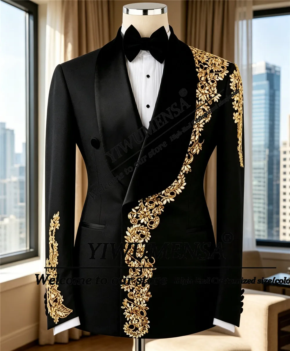 

Glitter Rhinestone Beaded Suit Men For Wedding Double Breasted Jacket Pants 2 Piece Sets Groom Prom Blazer Customized Man Outfit