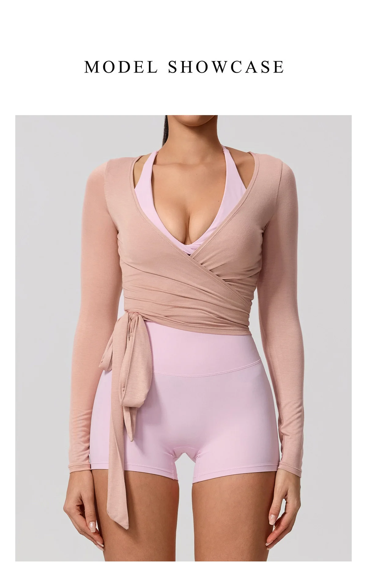 Neues Sommer-Damen-Yoga-Langarm-Einteiler-Oberteil mit Trägern – Premium-Ballett-Wrap-Top für Damen – Sport-Top für das Training – Detail 9