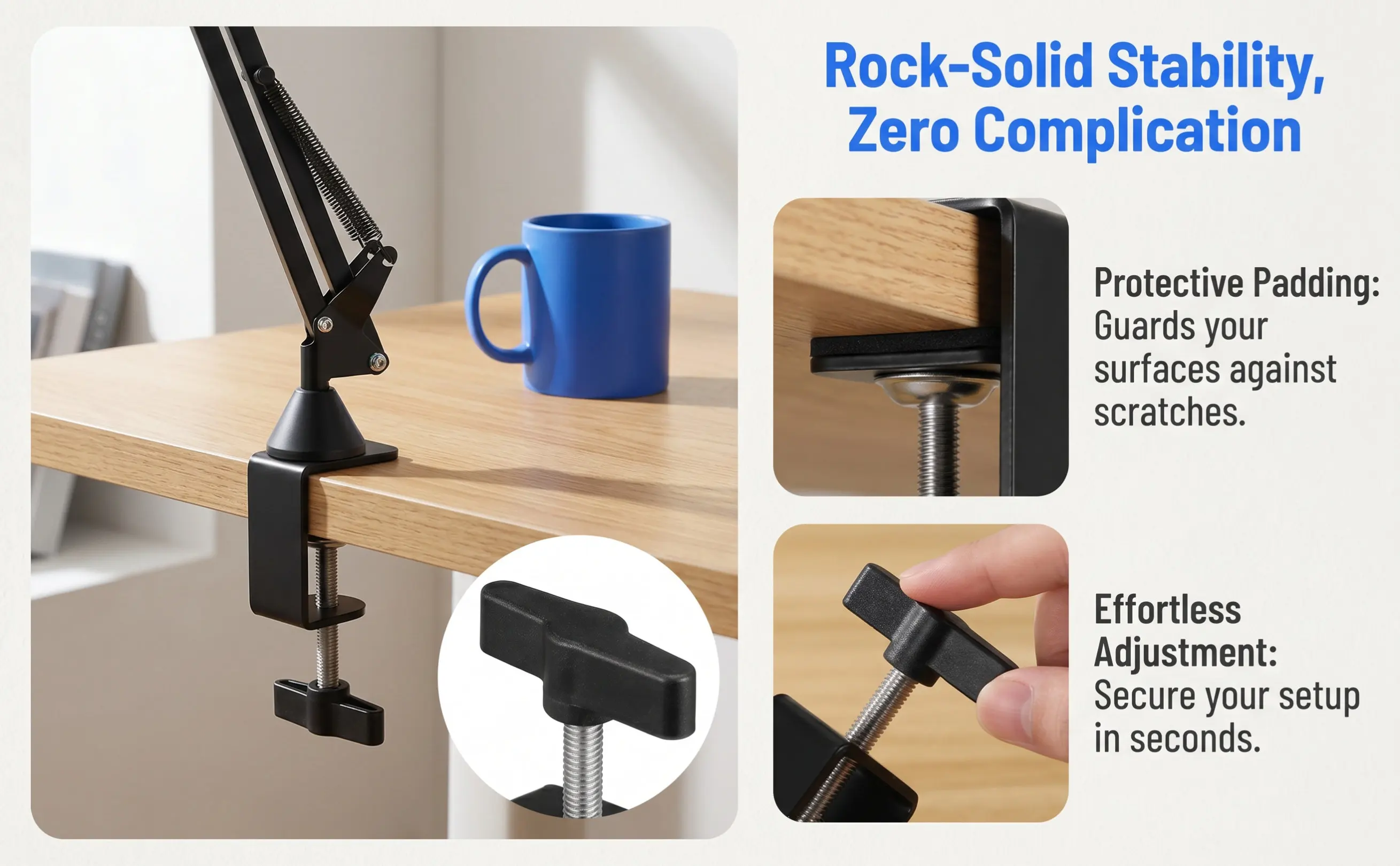 High-Quality Table Cantilever C-Shape Clamp for Microphone Desk Mount Studio Stage Home Office Adjustable Secure Grip Stainless