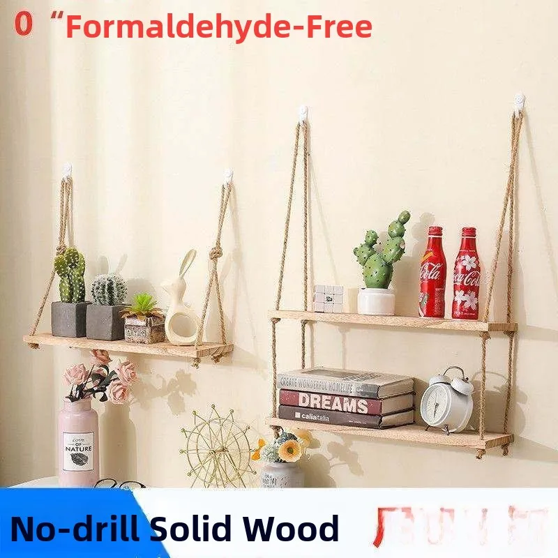 No-Drill Natural Jute Rope Wall-Mounted Bookshelf  Wood Single-Row Shelf Living Room Decorative Storage Rack Partition