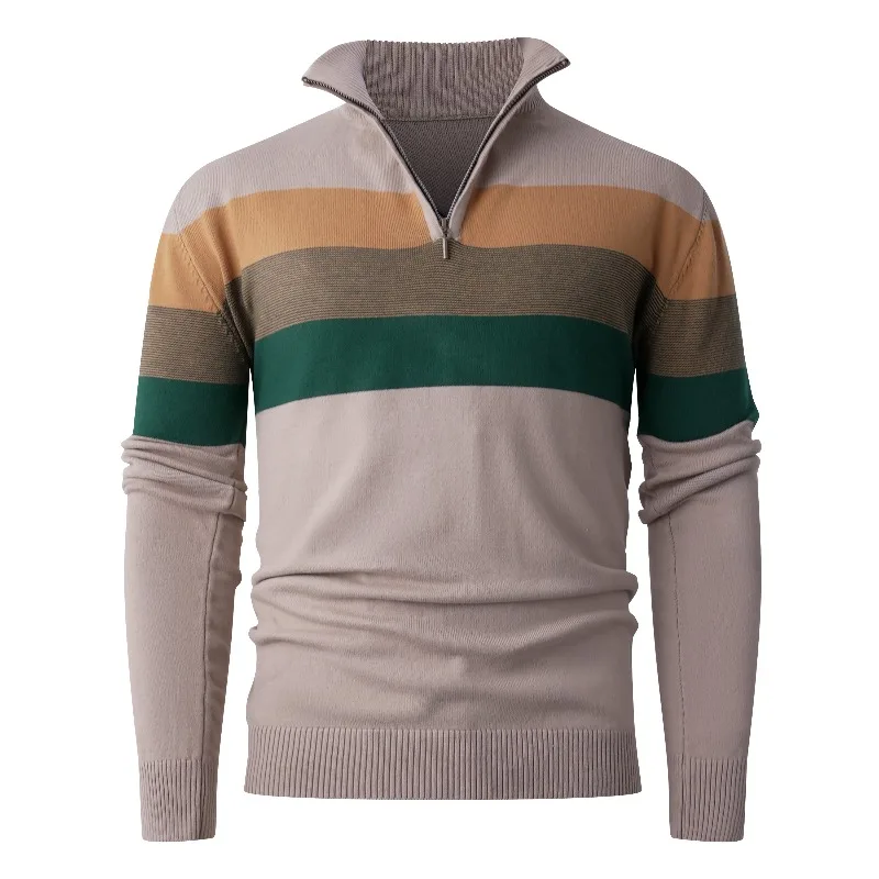

Autumn Half Zipper Sweatshirt Men Korean Striped Knitted Jacquard Pullover Sweater Casual Social Streetwear Men Clothing M-3XL