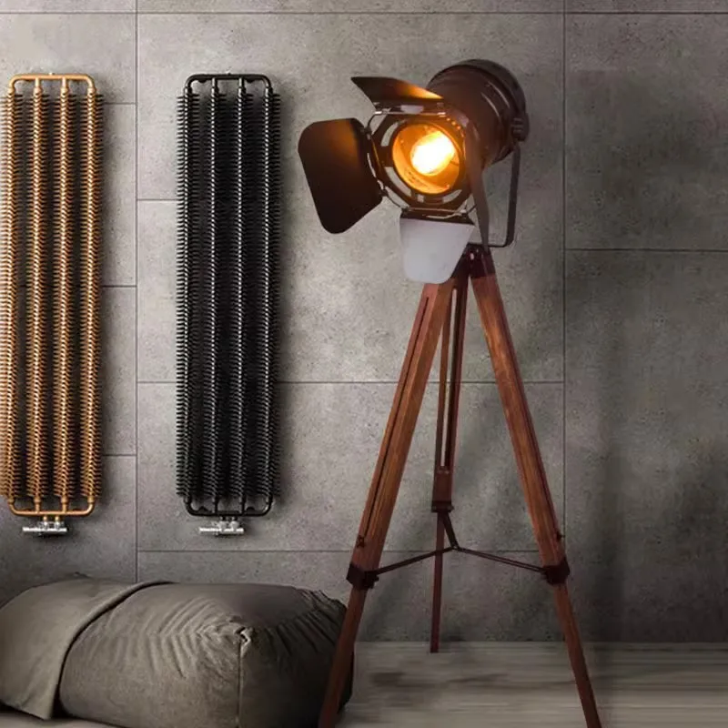 Cross Border Searchlight European American Retro Industrial Solid Wood LED Remote Creative Lamp Living Room High End Floor Lamp