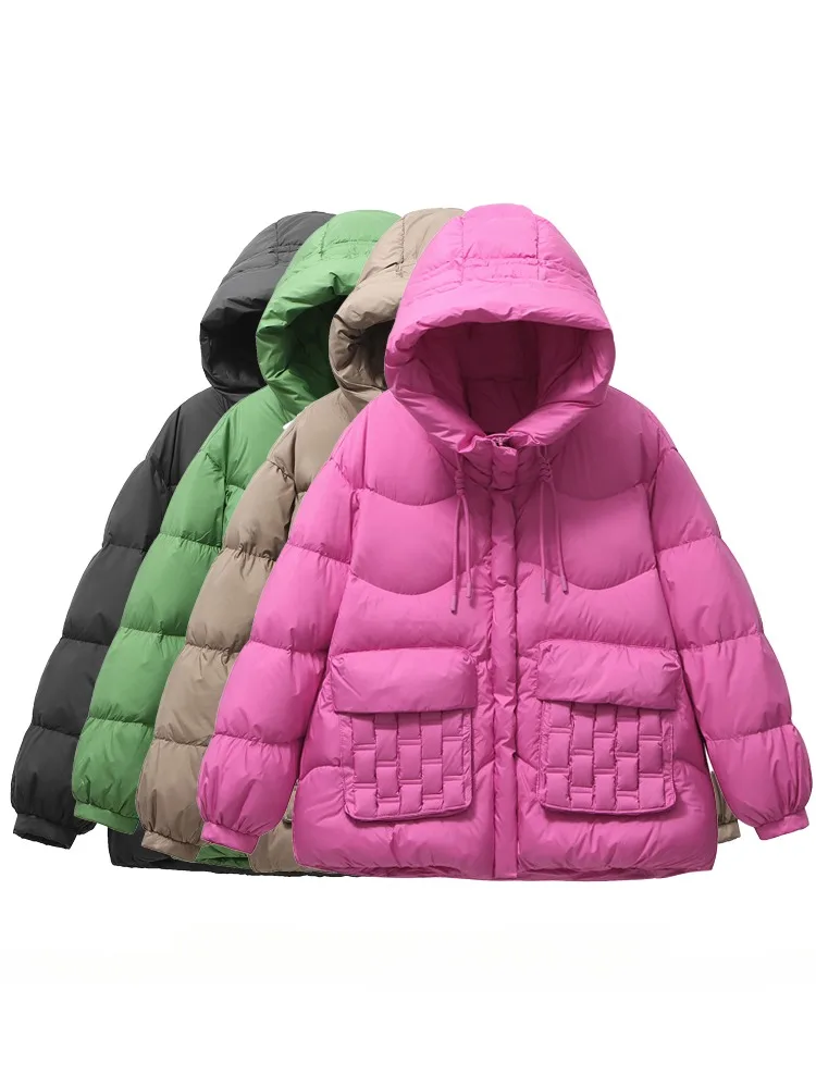 Fitaylor Winter Women White Duck Down Coat Casual Loose Hooded Zipper Puffer Parka Outwear Solid Thick Warm Coat