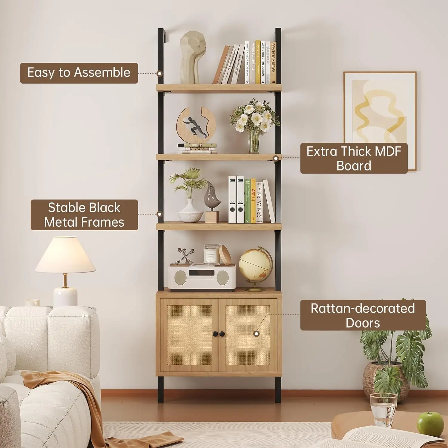 Ladder Bookshelf, 4 Tier Book Shelf with Rattan Cabinet, Wall Mount Bookshelves and Bookcases with Metal Frame, Anti Dump, Tall