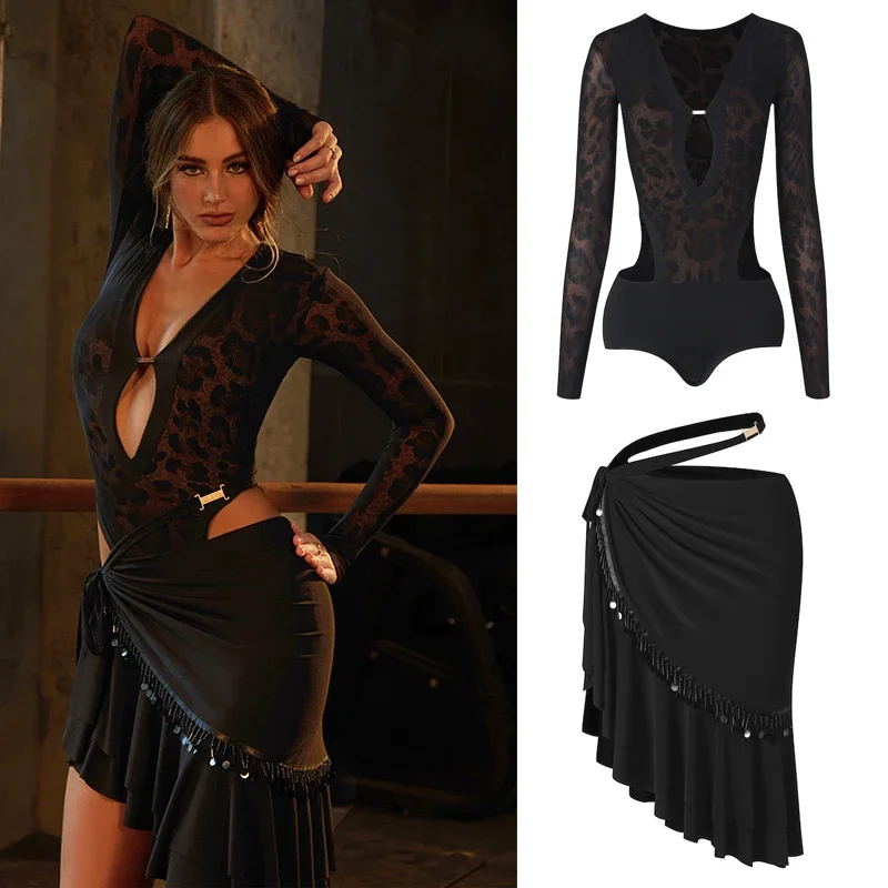 

ZYM Latin Dance Clothes Women V Neck Leopard Tops Sequin Skirt Long Sleeves Practice Wear Rumba ChaCha Competition Dress NV25549