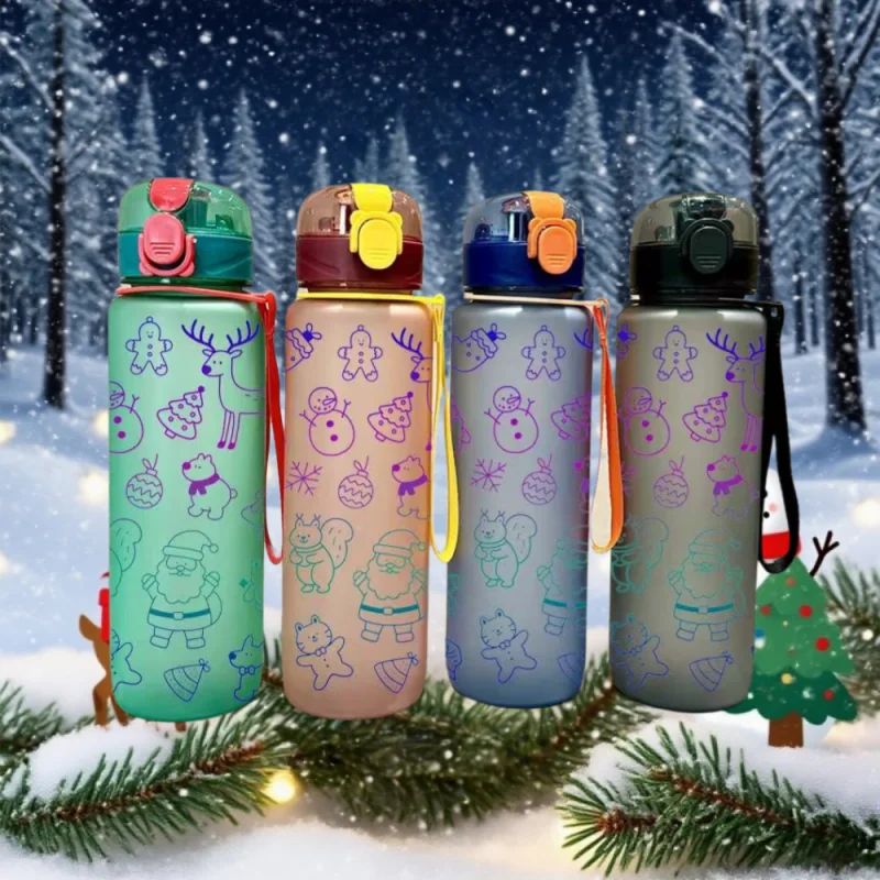 

3D Printed 700ml Christmas Water Bottle with Cute Santa & Reindeer Design Cartoon Cute High Appearance Plastic Water Cup