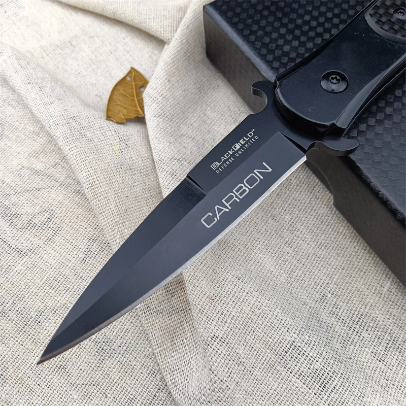 Black Field AKC Folding Knife, Camping Tactical Survival Aluminum Alloy Inlaid Carbon Fiber Handle Hunting EDC Folding Knife