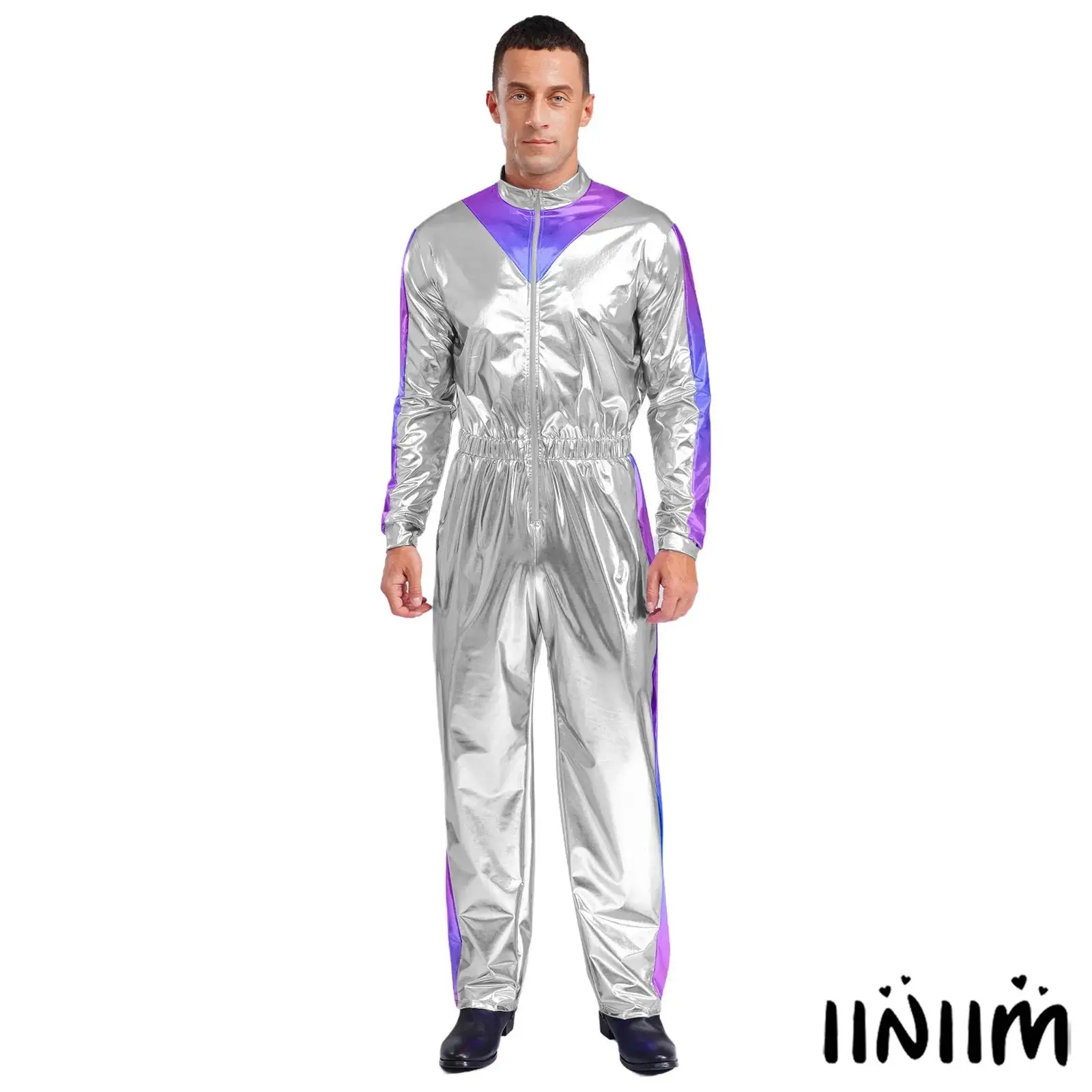 

Mens Sparkly Shiny Disco Rock Music Jumpsuit Party Clubwear Bodysuit Long Sleeves Elastic Waist Color Block Long Casual Jumpsuit