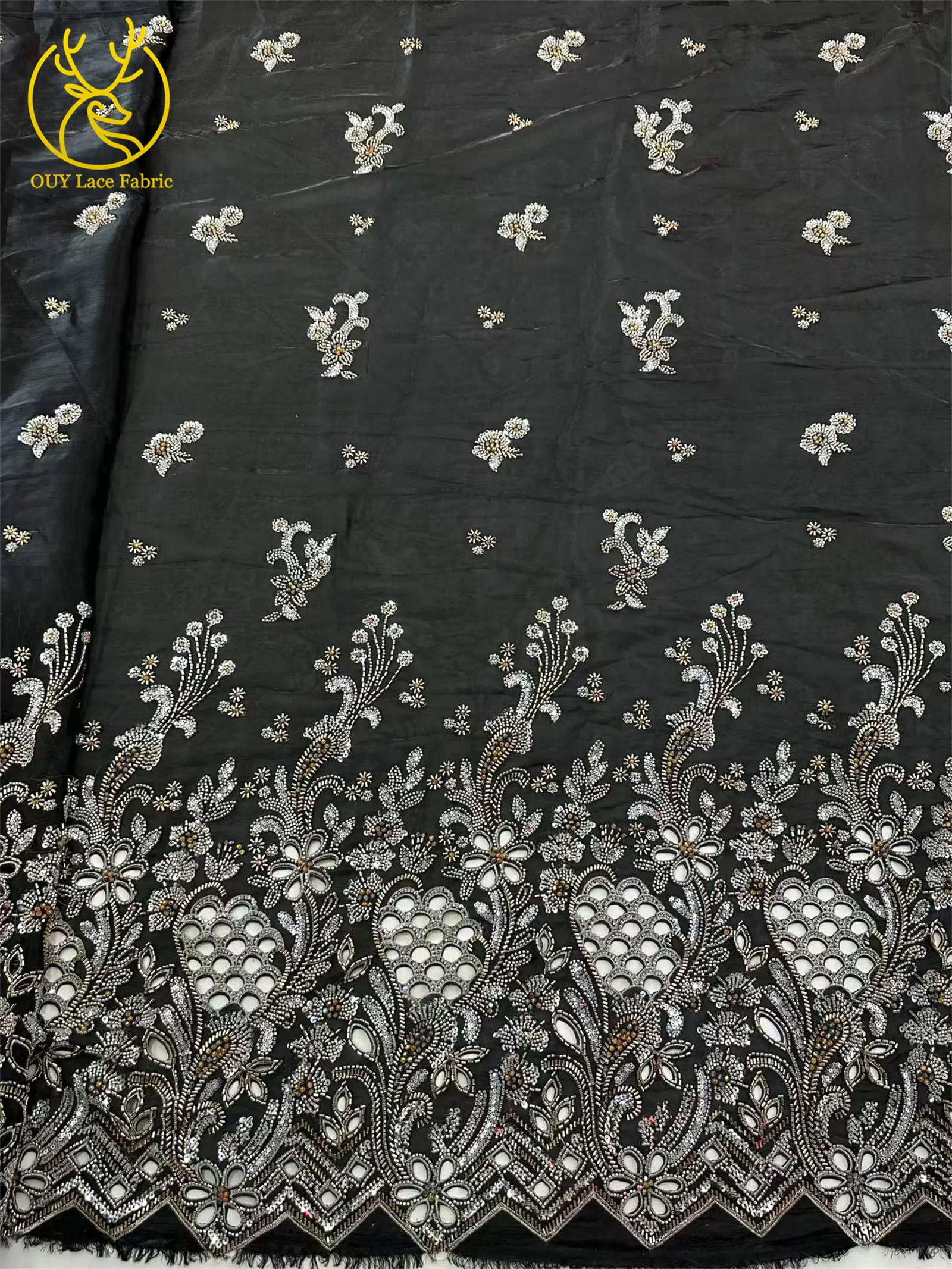 Neueste Afrikanische Schwer Verzierte Spitzenstoffe 5 Yards Nigerianische Schweizer Perlen-Pailletten-Spitze für Bräutigam-Kleider und Damenkleider zum Nähen – Detail 8