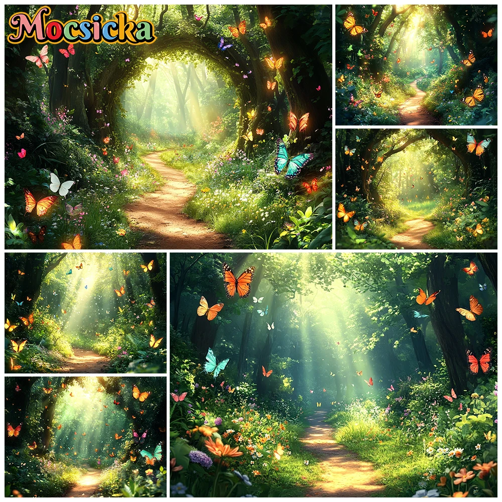 

Mocsicka Natural Scenery Photo Backdrop Spring Green Forest Butterfly Pattern Photography Background Decorations Studio Banner