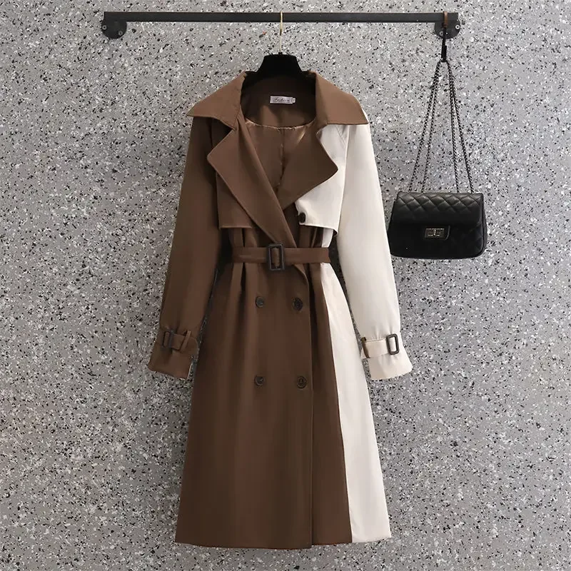 Women's Mid-Length Spring Autumn Hot Sale Of The Season Windbreaker Coat Color Block British Style Loose Fit Fashionable Korean