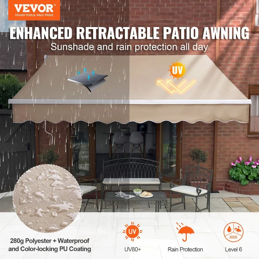 Manual Retractable Awning, 10 X 8 Ft Outdoor Patio Awning Retractable Sun Shade, Water-Resistant Polyester Patio Door Window Aw