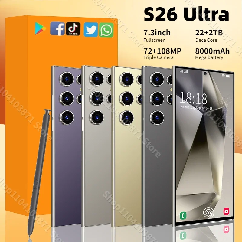 NEW S26 Ultra Smartphone 7.3inch HD 5G Snapdragon 8Gen3 16GB+1TB Android 14 8000mAh 70+108MP Mobile phone Face Recognition