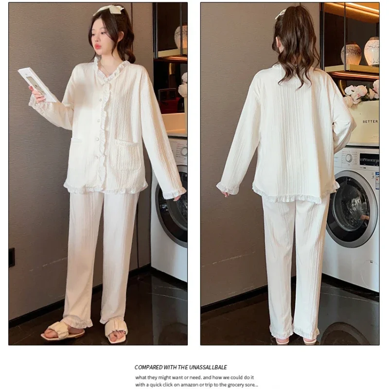 5XL Plus Size Cotton Pajamas Women Spring Fall Cute Thin Two-piece Suit Sweet Students Sleepwear Long Sleeve Loose Homewear