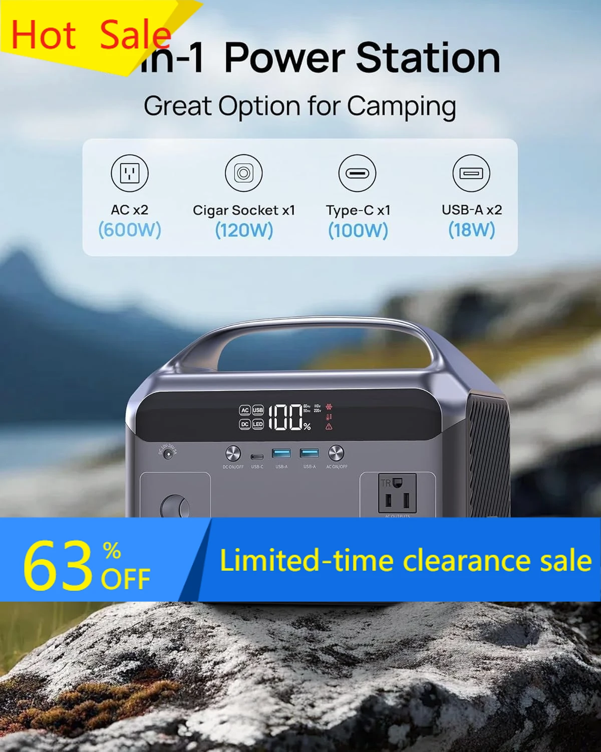 

Hot Sale600W, 288Wh LiFePO4 Battery Backup Power w/2×600W AC Outlets (1200W Surge), 2.2H Fast Charging