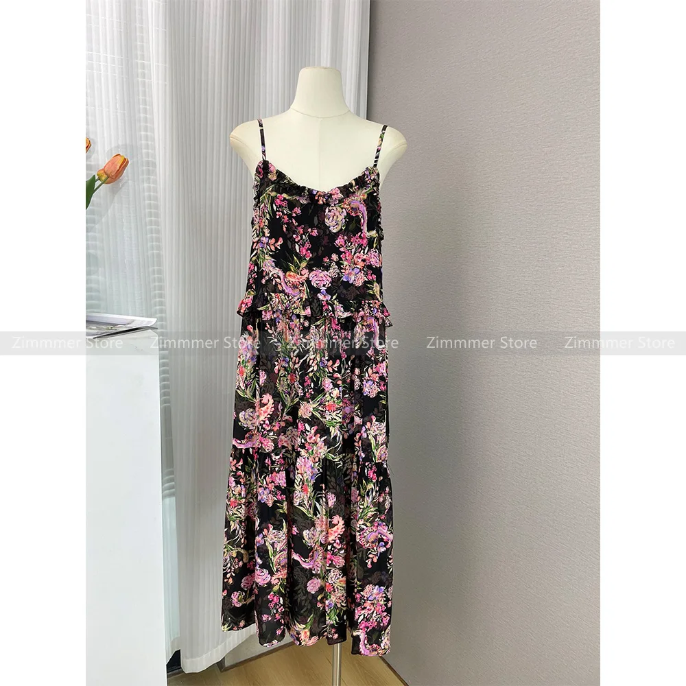 

Holiday style temperament retro niche sexy absolutely beautiful silk floral V-neck halter dress 2024 summer new