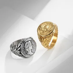 Stainless Steel fashion signet knuckle Ring Retro Design Gold Color Coin Caesar Head Ring hip hop Jewelry Gift