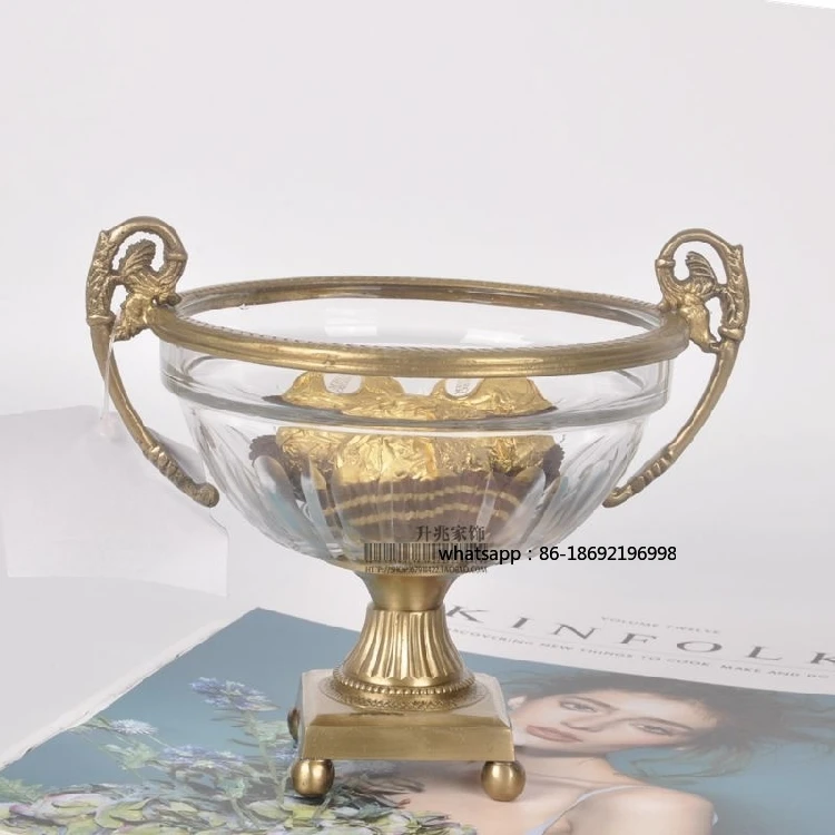 India Imported Old Border Brass Glass Bowl Fruit Plate Nordic American Light Luxury Retro Storage Dried Fruit Plate Ornament