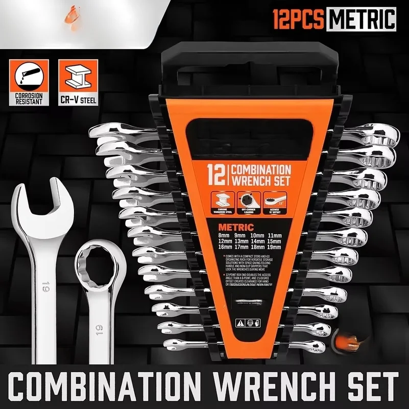 12Pcs Metric Spanner Set Ring Open Ended Spanners CRV With Rack 8-19mm