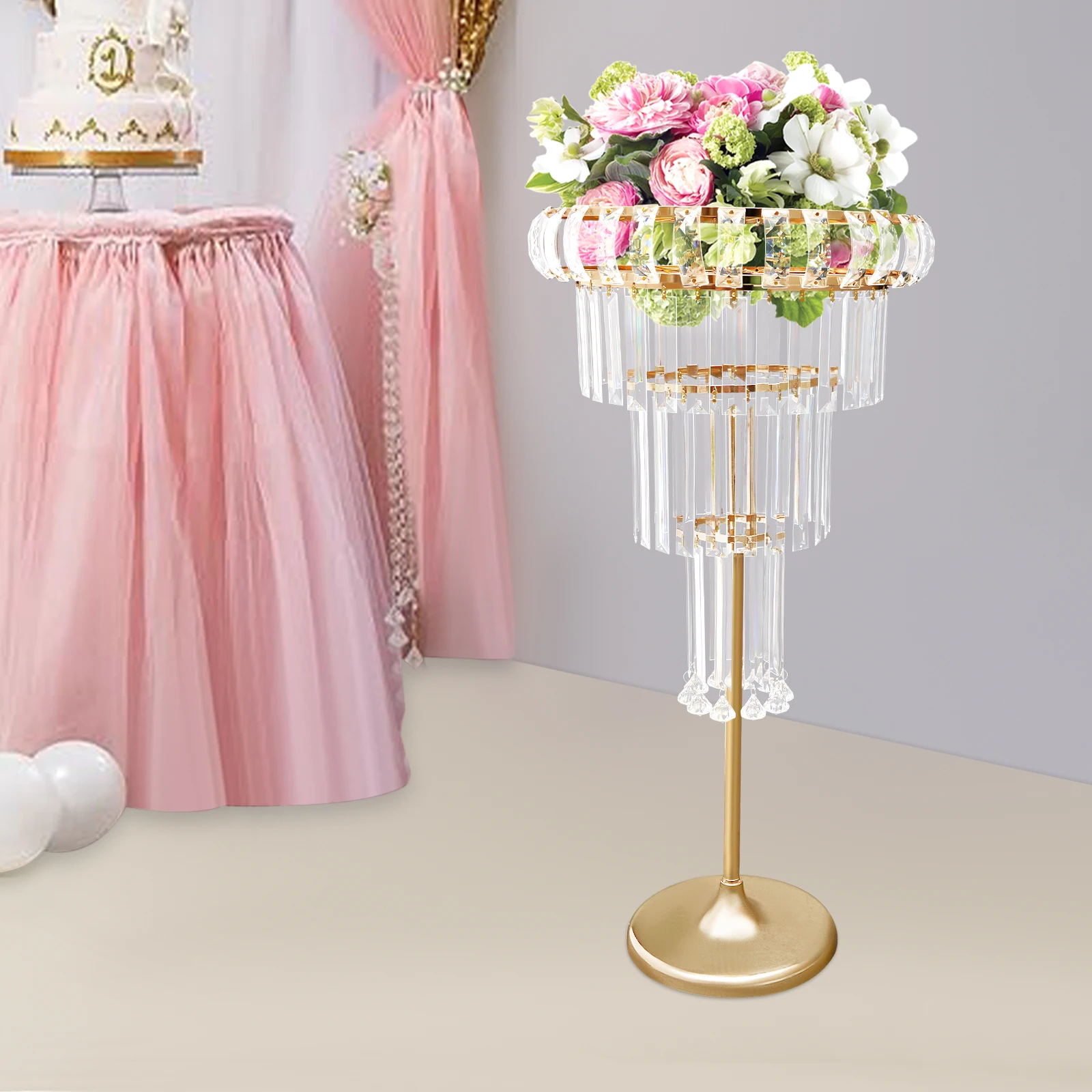 

4-story Round Base Gold Flower Stand High Load-bearing Display Stand with Crystal Tassels Ballroom Guide Frame